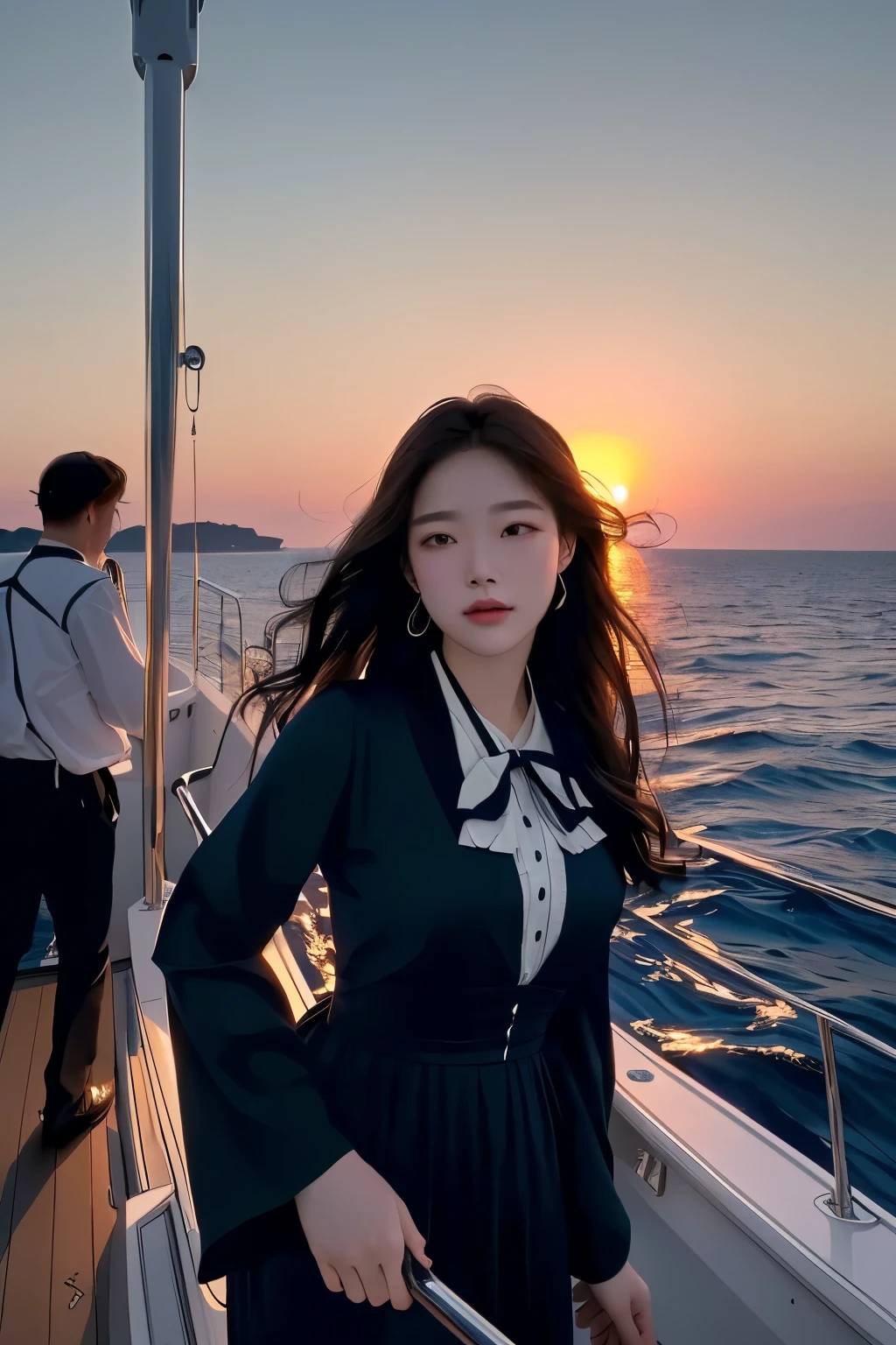 8K, masterpiece, 아름다운 여성 on a boat at sunset, titanic, At sea, rotoscoped, Carl Eugen Kiel(Carl Eugen Keel)Works inspired by, at sunset, Thrilling and romantic, movie stills, hans film art, at dusk!, at sunrise, (Highly detailed facial expressions),