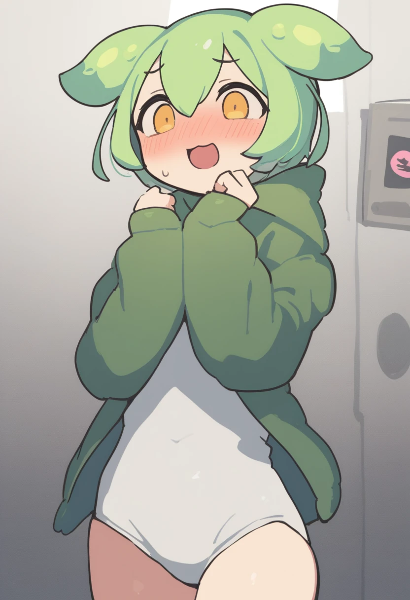 One girl,Zundamo,Voice Box ,Green Hair, Weird face、graffiti、Thick edging、Simple Background、 masterpiece, Highest quality,