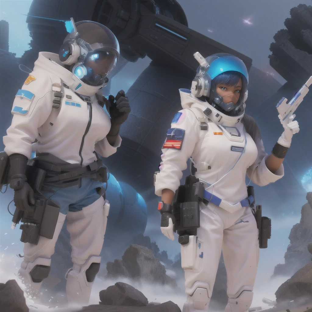 there are two people in space suits standing next to each other, epic sci-fi character art, epic sci - fi character art, sci-fi concept art, sci - fi concept art, wojtek fus, sci fi concept art, greg rutkowski and krenzcushart, sci - fi illustrations, sci-fi illustrations, beautiful sci - fi twins