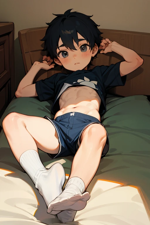 little boy，young people，Short shorts，White socks，Soles，Lying down，Showing belly