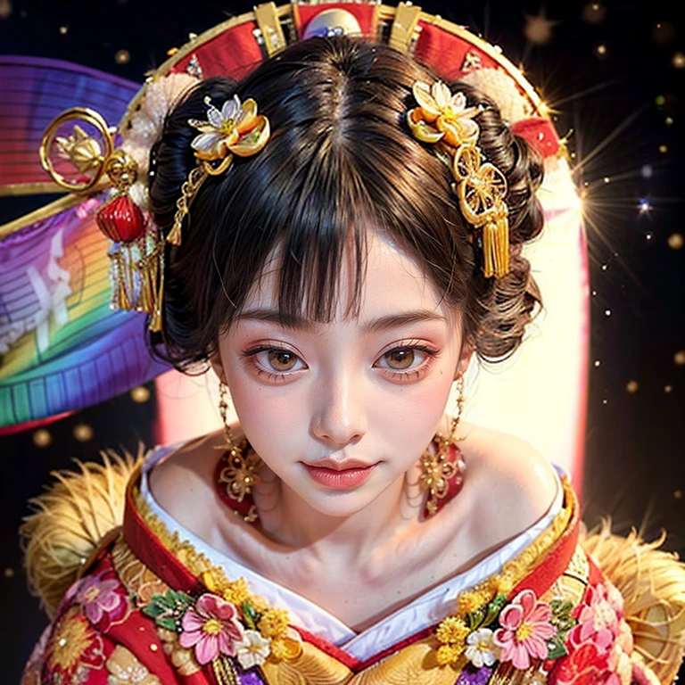 (PUNIPUNI clavicle KIMONO ((offshoulder)) KANZASHI FlowerHairpins Topknot TwinBun Oiran-Hair)High-level, 8K Masterpiece TopQuality, Ultra-detailed CG, Absurd detailed wallpaper, PerfectLighting, Extremely detailed (((Personifying " OIRAN " as a KAWAII Girl))), Characteristic Items, aesthetic LifeLike Rendering, MysticSight, Haze Tyndall Scattering, (Studio DARK Background with (Oodles Dazzling Iridescent 🌈Particles (BokeH))), (((Assfocus)) RoundlyButt) ThighGap, (Exposed:0.44) 🔞 BREAK (Acutance:0.8), (NOGIZAKA FaceVariations) Extremely Detailed very KAWAII FaceVariations, Childish CaptivatingGaze ElaboratePupils ParfectEyes with (SparklingHighlights:1.28), (Voluminous LongEyelashes:0.88), 💄💋✨ GlossyRedLips with BeautifulDetails, CoquettishTongue, PUNIPUNI RosyCheeks, Radiant PearlSkin with Transparency, Glowing DowneyHair . { (Dynamic LifeLike expressions:1.4) | (:d) }, (large eyes:-1) .