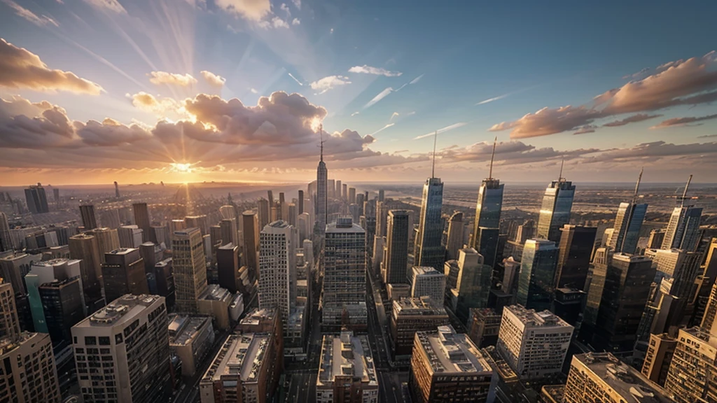 Ultra realistic, sunset, wide view, A city, lots of tall buildings, sunset rays passing through the gaps between the buildings, real images, photo realistic, very detailed images,