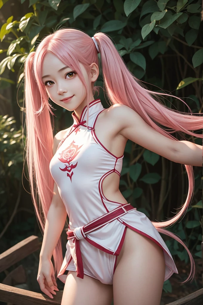 Perfect human body modeling, 1girl, small breasts, beautiful girl, cute girl and idol face, young face, smile, Beautiful long pink hair, twintails, Beautiful shining red eyes, white skin, Short body, Western-style fantasy, RPG, martial artist, dark green Chinese Combat Uniform,