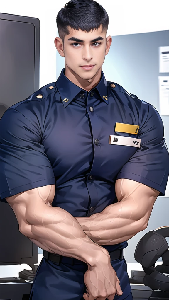 handsome man,(crew cut short hair:1.6),black eye,smile,open mouth,
(navy police uniform outsite :1.5),(shirt short sleeves:1.5),collar,(shirt covered over:1.2),(shirt no buttons:1.1),(black_gloves:1.3),
(Navy blue cargo:1.2),Korean guy,korean men,(High gloss details),(chest muscles:1.2),(large arm muscles:1.2),blood vessel,Big muscles,Broad shoulders,looking at the audience,Balancing the eyes
(in office:1.5),