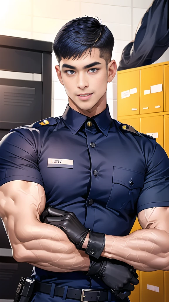 handsome man,(crew cut short hair:1.6),black eye,smile,open mouth,
(navy police uniform outsite :1.5),(shirt short sleeves:1.5),collar,(shirt covered over:1.2),(shirt no buttons:1.1),(black_gloves:1.3),
(Navy blue cargo:1.2),Korean guy,korean men,(High gloss details),(chest muscles:1.2),(large arm muscles:1.2),blood vessel,Big muscles,Broad shoulders,looking at the audience,Balancing the eyes
(in office:1.5),