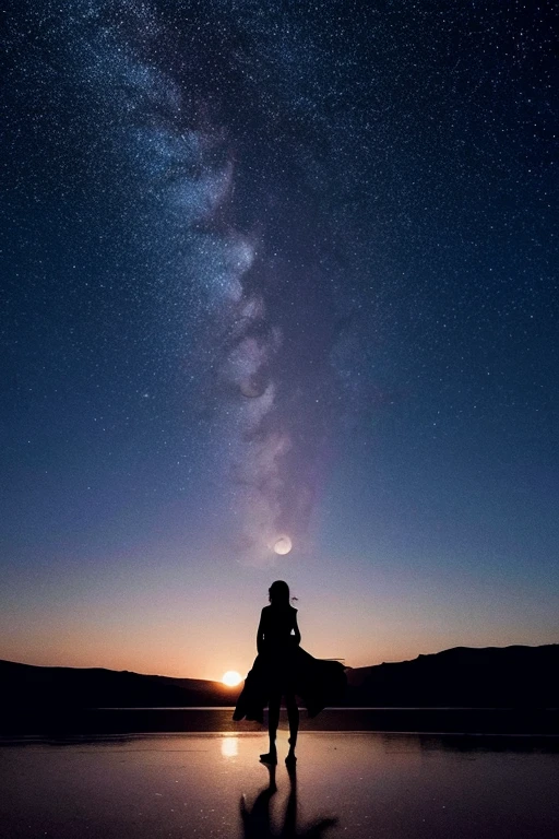 Highest quality,Big moon and shadow,A silhouette of a person can be seen against the backdrop of a large moon.,There is one full moon,There is a mood,Beautiful scenery,Starry Sky