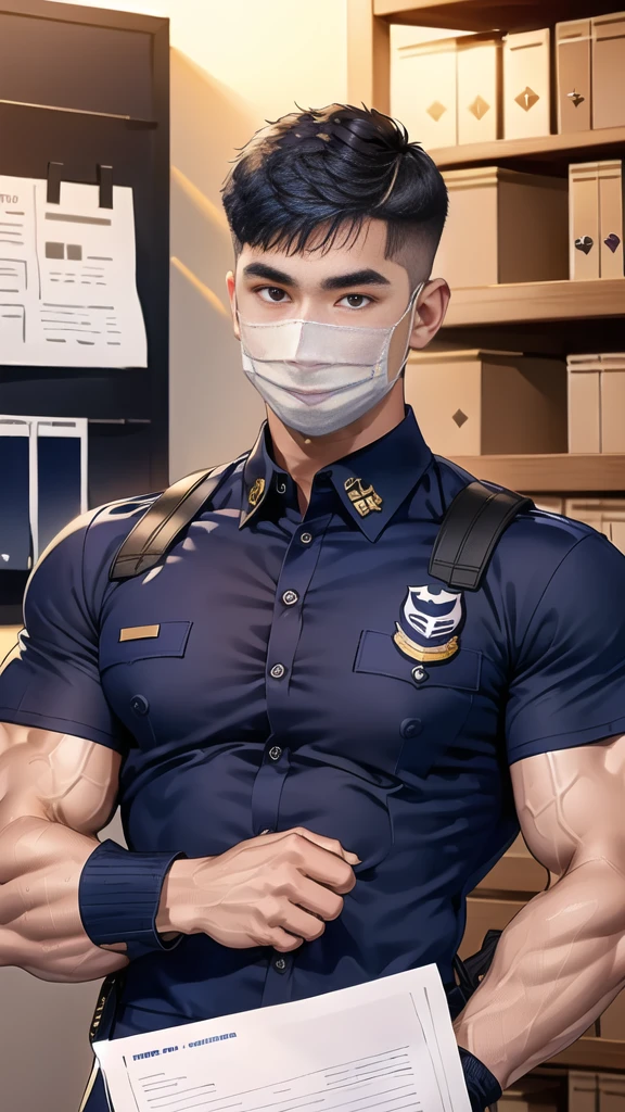 handsome man,(crew cut short hair:1.6),black eye,smile,open mouth,
(navy police uniform outsite :1.5),(shirt short sleeves:1.5),(black_gloves:1.3),
(Navy blue cargo:1.2),Korean guy,korean men,(High gloss details),(chest muscles:1.2),(large arm muscles:1.2),blood vessel,Big muscles,Broad shoulders,looking at the audience,Balancing the eyes,(backpack:1.3)
(in office:1.5) ,(navy Cotton Mask:1.3)