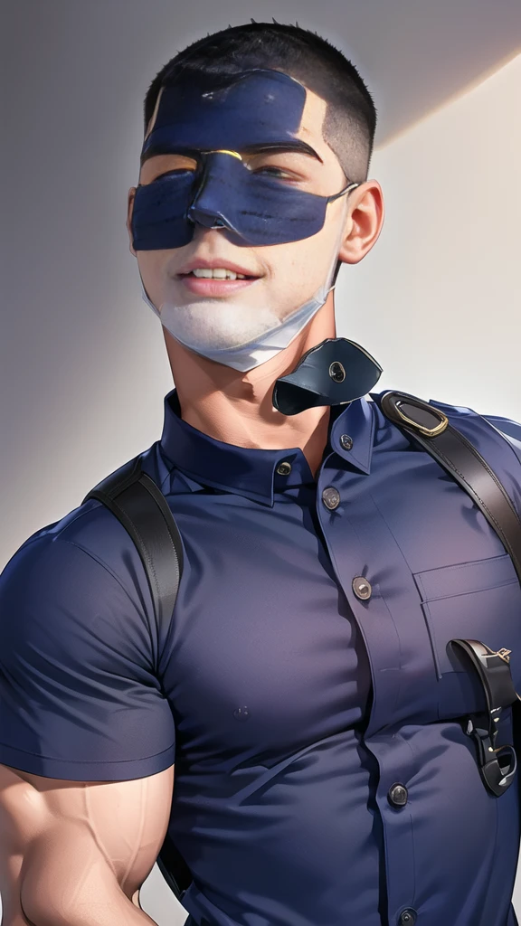 handsome man,(crew cut short hair:1.6),black eye,smile,open mouth,
(navy police uniform outsite :1.5),(shirt short sleeves:1.5),(black_gloves:1.3),
(Navy blue cargo:1.2),Korean guy,korean men,(High gloss details),(chest muscles:1.2),(large arm muscles:1.2),blood vessel,Big muscles,Broad shoulders,looking at the audience,Balancing the eyes,(backpack:1.3)
(in office:1.5) ,(navy Cotton Mask:1.3)