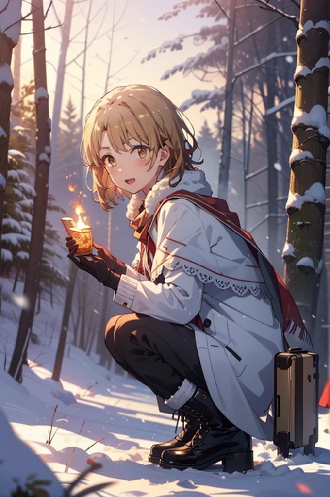 Irohaisshiki, isshiki iroha, short hair, Brown Hair, (Brown eyes:1.5), smile,
Open your mouth,snow, fire, Outdoor, boots, snowing, From the side, wood, suitcase, Cape, Blurred, Eat food, forest, gloves, nature, Brown eyes, red gloves, Squat, Mouth closed, フードed Cape, winter, Written boundary depth, Black shoes, red Cape break looking at viewer, Upper Body, whole body, break Outdoor, forest, nature, break (masterpiece:1.2), Highest quality, High resolution, unity 8k wallpaper, (shape:0.8), (Beautiful and beautiful eyes:1.6), Highly detailed face, Perfect lighting, Extremely detailed CG, (Perfect hands, Perfect Anatomy),