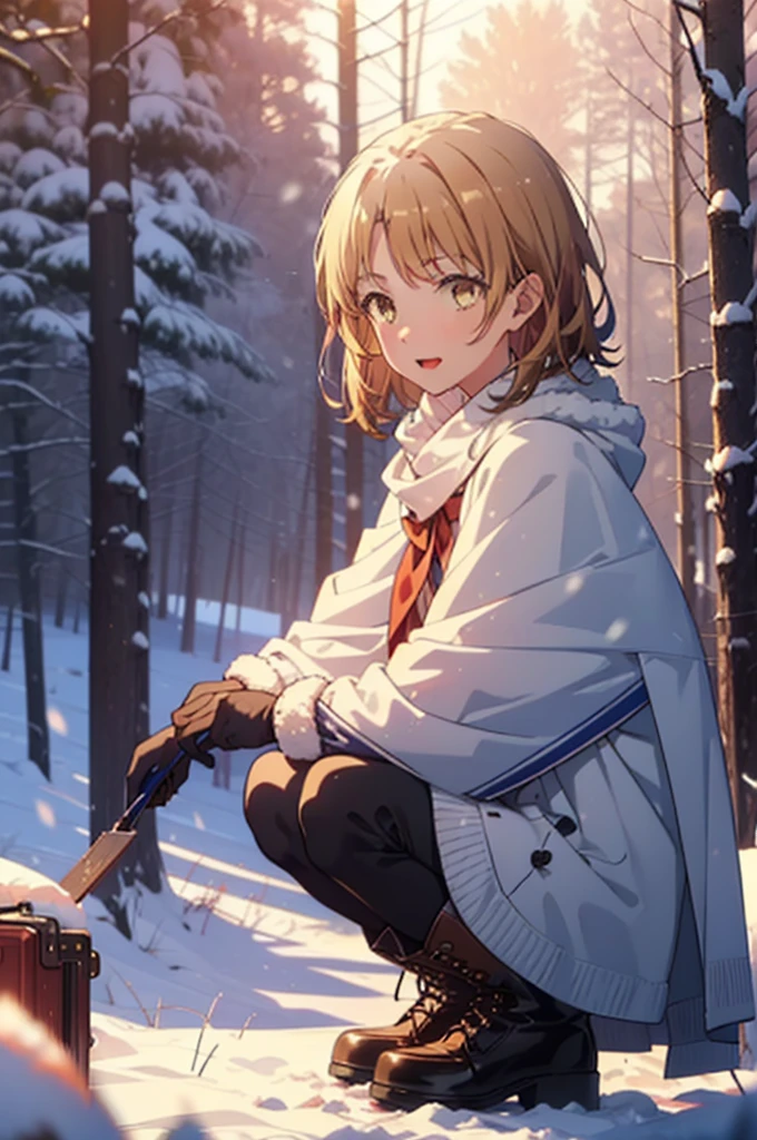Irohaisshiki, isshiki iroha, short hair, Brown Hair, (Brown eyes:1.5), smile,
Open your mouth,snow, fire, Outdoor, boots, snowing, From the side, wood, suitcase, Cape, Blurred, Eat food, forest, gloves, nature, Brown eyes, red gloves, Squat, Mouth closed, フードed Cape, winter, Written boundary depth, Black shoes, red Cape break looking at viewer, Upper Body, whole body, break Outdoor, forest, nature, break (masterpiece:1.2), Highest quality, High resolution, unity 8k wallpaper, (shape:0.8), (Beautiful and beautiful eyes:1.6), Highly detailed face, Perfect lighting, Extremely detailed CG, (Perfect hands, Perfect Anatomy),