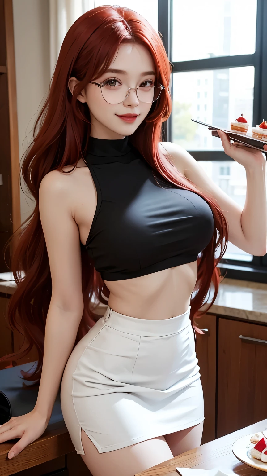 A woman with long red hair, black glasses, large bust, snug fit, a white crop top, and a white short skirt. The woman uses her slender fingers to scoop cakes with a spoon, preparing the ingredients for the table. She is smiling broadly as she looks at the viewer.