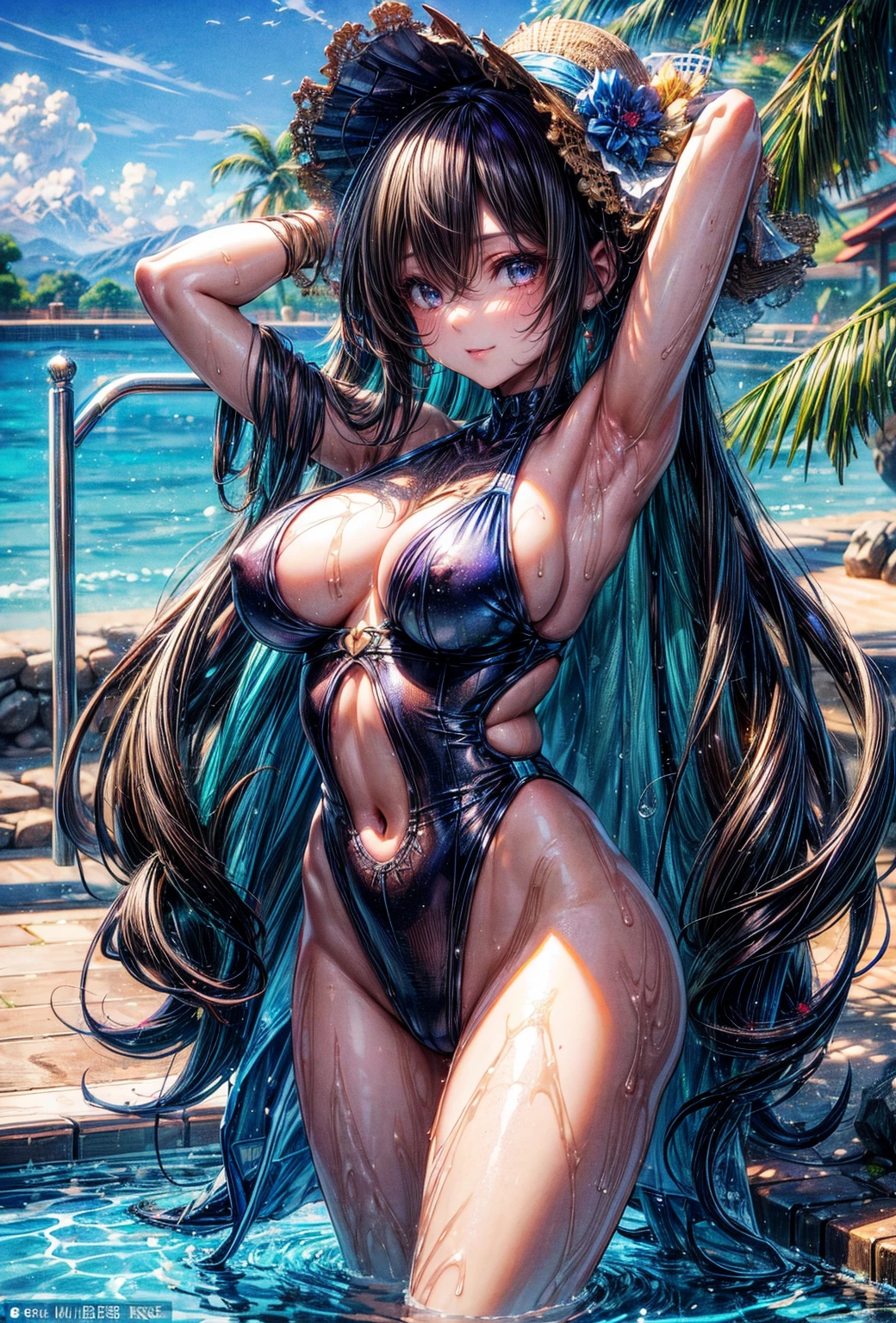 (masterpiece, Highest quality, Super detailed:1.3), Perfect composition, 4K, (Very detailed, Super detailed), Bright blue swimsuit, Simple high-leg swimsuit、High resolution, 8k Texture, Attention to detail, Very detailed肌の質感, Magnificent details, High Sharpness, One girl, (Fine grain:1.3), Many layers of eyes、(25-year-old woman:1.3), (skinny), (Big Breasts), Outdoor swimming pool side,smile、A pleasant looking face、Toned body、Shot from the back、turn around、Nipple swelling、Wear a white t-shirt over your swimsuit、A wet, see-through T-shirt、Wet Skin、Raise and stretch your arms