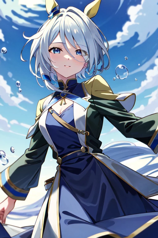(masterpiece), highly detailed, best quality, (high resolution), 8k, 1girl, solo, k.s.miracle, umamusume, short hair, blue hair, horse ears, horse girl, horse tail, blue eyes, cinematic angle, looking at viewer, long dress, long sleeves, blue dress, bubble_skirt, gentle smile, eyes visible through hair, hair over left eye, anime artwork, anime style, key visual, vibrant, studio anime
