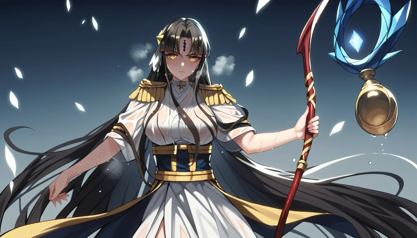 score_9, score_8_up, score_7_up, score_6_up, uncensored, Michiko_Tanaka, absurdly long hair, golden eyes, black hair, hair ornament, very long hair, parted bangs, forehead mark, shiny skin, sweating, wet, wet hair, steaming body, heavy breathing, large breasts, detailed body, detailed eyes, annoyed, glaring eyes, large breasts, BREAK (masterpiece:1.2), best quality, high resolution, unity 8k wallpaper, (illustration:0.8), (beautiful detailed eyes:1.6), extremely detailed face, perfect lighting, extremely detailed CG, (perfect hands, perfect ???????), hollow eyes, bright pupils, 1girl, breasts, staff, holding, holding_staff,