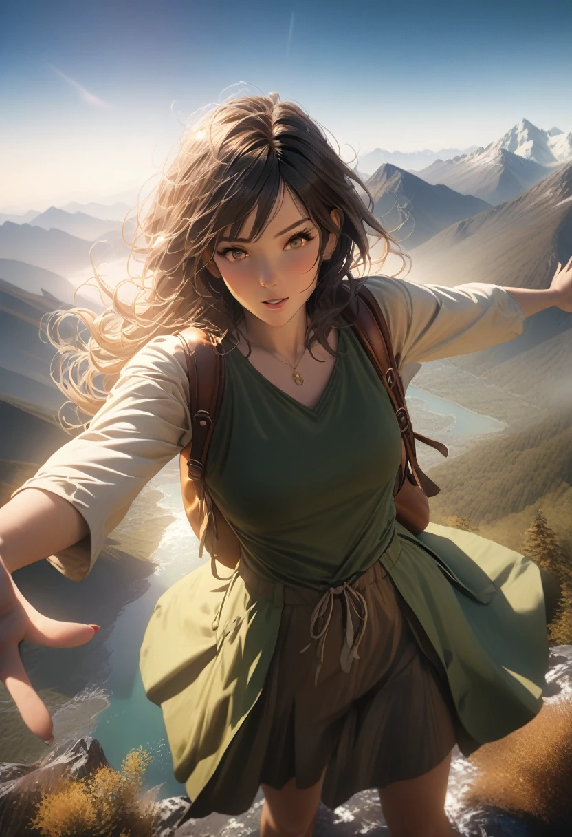 (best quality, 8k, masterpiece, highres, ultra-detailed), photorealistic, woman, mountain peak, backpack, outstretched arms, breathtaking view, wind tousled hair, wonder, excitement, comfortable clothing, earthy tones, nature lover, adventurer, open pose, welcoming stance, , exploration, dramatic sky, majestic mountains, soft sunlight, realistic skin.