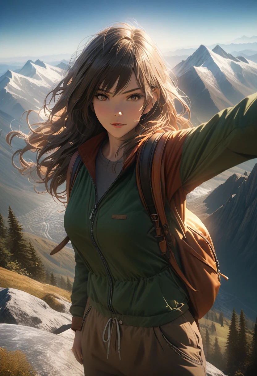 (best quality, 8k, masterpiece, highres, ultra-detailed), photorealistic, woman, mountain peak, backpack, outstretched arms, breathtaking view, wind tousled hair, wonder, excitement, comfortable clothing, earthy tones, nature lover, adventurer, open pose, welcoming stance, , exploration, dramatic sky, majestic mountains, soft sunlight, realistic skin.