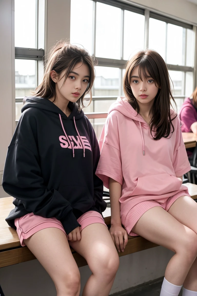 deux femmes ensemble de 18 ans sexy et mince , pink short sleeve hoodie , salle de classe, se touche,position sey,sensuel