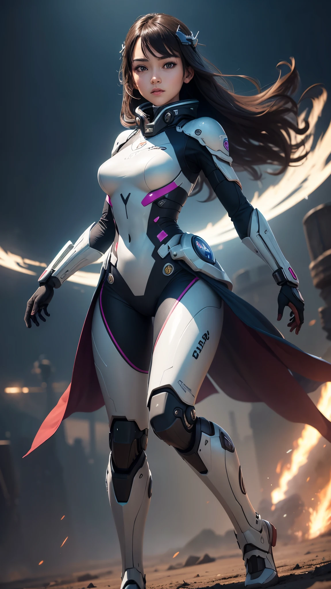 (Perfect Anatomy:1.4,Highest quality、超High resolution、High resolution、Highly detailed CG、8K Unit Wallpaper),((Biologically correct limb count))、(Symmetrical facial features))、Eyes with detailed description、Beautiful woman、Excellent style、(thin)、Facial detailing,masterpiece、Vibrant, Imaginary image of a girl in a mecha suit, ((Fly gracefully across the battlefield of the future)). The girl is full of energy, Bright colors contrast with muted hues, The mechanical beauty of the suit. The suit's vibrant colors and intricate details、Sophisticated, Mecha futuristic design.
