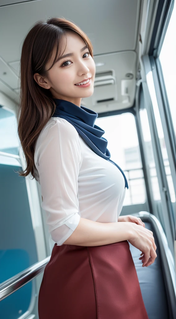 highest quality、shape、Very detailed、High resolution、Perfect dynamic composition、beautifully、Perfect hair with attention to detail、Natural color lip, smile、20-year-old woman、(highest quality:1.3)、(masterpiece:1.3)、(Very detailed:1.3)、(Detailed hands and fingers:1.2)、Very detailedな光沢のある肌:1.1、smile、ponytail、good weather、Inside a crowded train、White shirt、Pleated skirt、(Are standing:1.2)、Full body pose、bangs、Wet and shiny eyes、Looking into the camera、Pull your chin in、The whole body is visible:1.5,魅力的なThighs、Thighs:1.1、Focus on cleavage