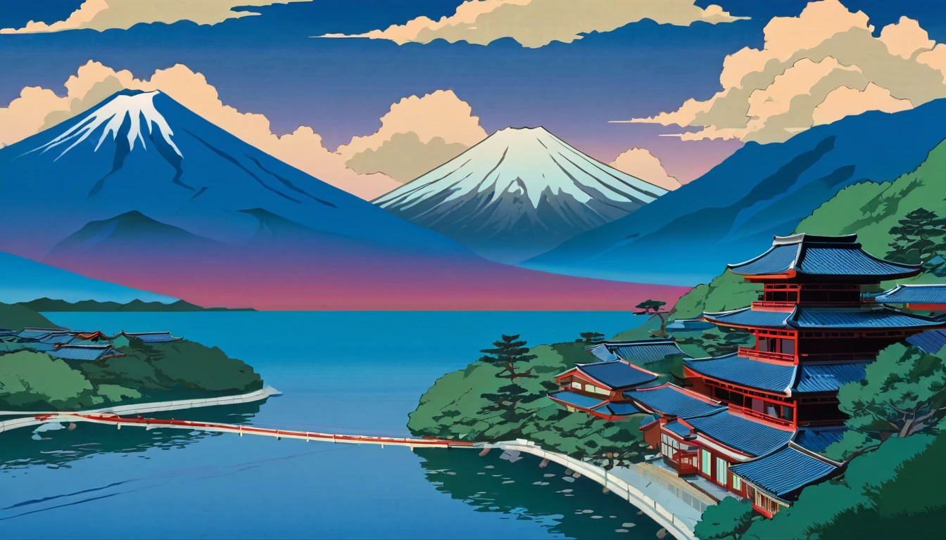 illustration of a mountain town with a river and a mountain in the background, in the art style of ukiyo - e, inspired by Yoshida Hanbei, inspired by Kawase Hasui, detailed scenery —width 672, inspired by Hasui Kawase, kilian eng vibrant colours, detailed digital illustration, inspired by Tōshi Yoshida,detailed house structure, old Japanese building design, clear mountains, clouds
