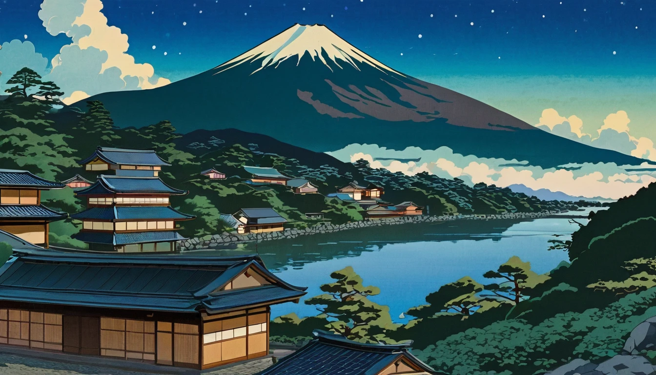 illustration of a mountain town with a river and a mountain in the background, in the art style of ukiyo - e, inspired by Yoshida Hanbei, inspired by Kawase Hasui, detailed scenery —width 672, inspired by Hasui Kawase, kilian eng vibrant colours, detailed digital illustration, inspired by Tōshi Yoshida,detailed house structure, old Japanese building design, clear mountains, clouds