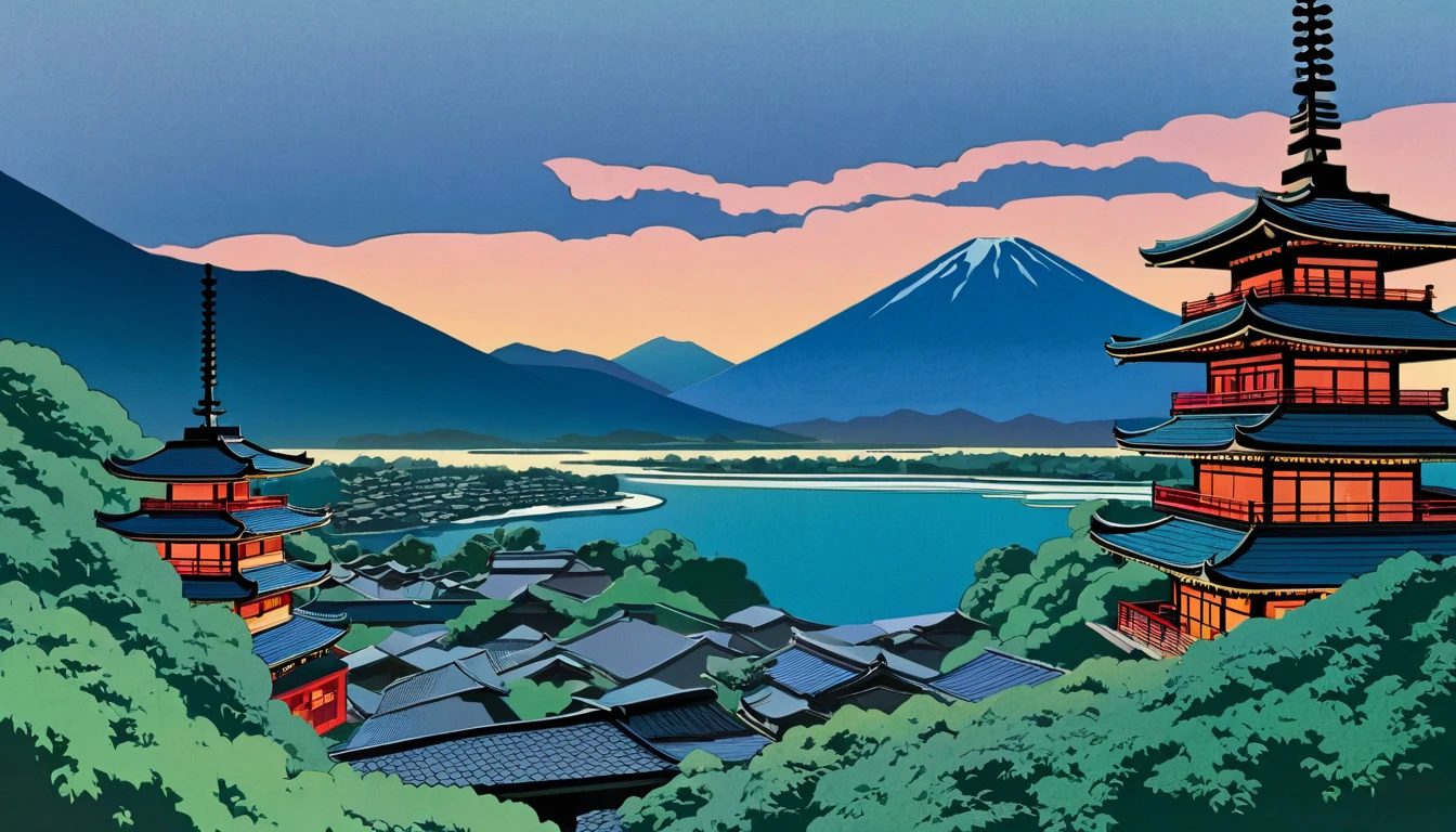 illustration of a mountain town with a river and a mountain in the background, in the art style of ukiyo - e, inspired by Yoshida Hanbei, inspired by Kawase Hasui, detailed scenery —width 672, inspired by Hasui Kawase, kilian eng vibrant colours, detailed digital illustration, inspired by Tōshi Yoshida,detailed house structure, old Japanese building design, clear mountains, clouds