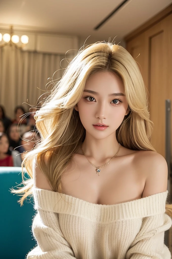 1 Girl, Age 19, Solitary, Long hair, huge，Huge breasts , Looking at the audience, Blonde hair, Bare shoulders, Brown eyes, Jewel-like, whole body, A necklace, Off-shoulder, Cyan sweater, Practical, Sexy，Well-developed breasts