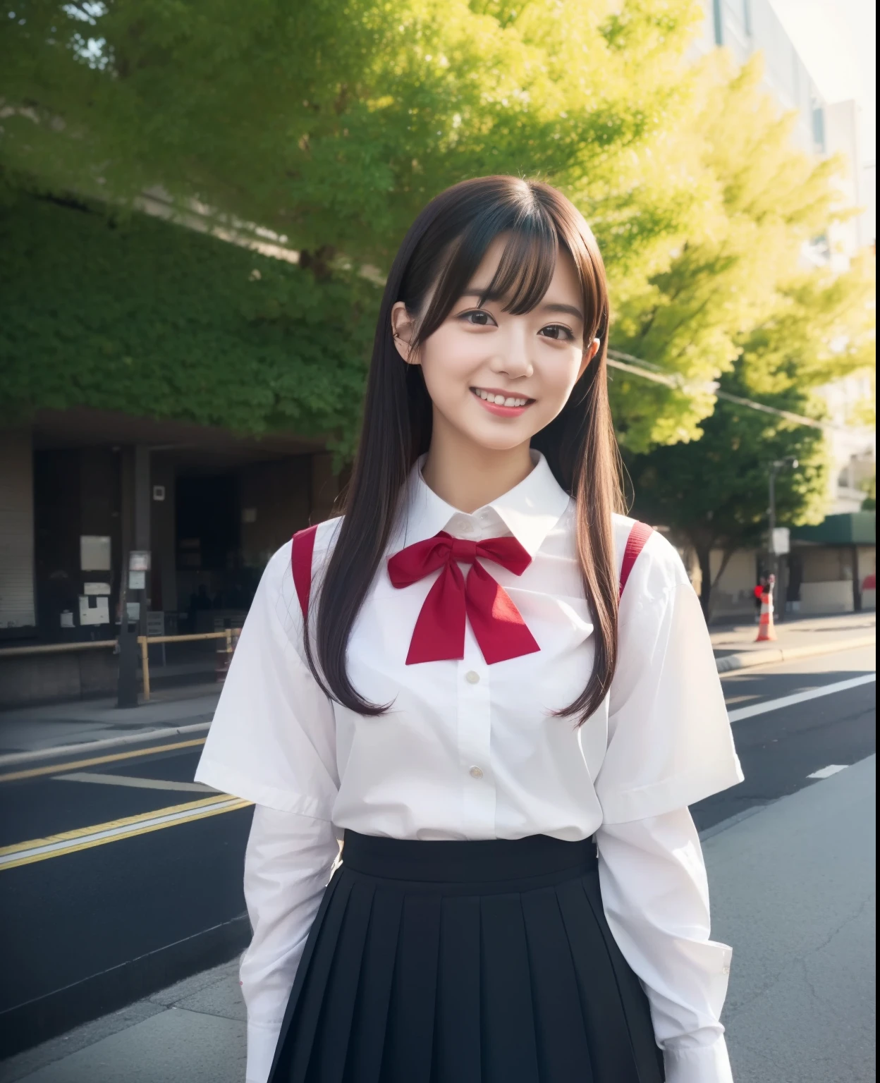 (masterpiece, Highest quality, Realistic, 8K, High resolution,:1,3),1 Japanese female, 20-year-old,Additional details Black eyes, Highly detailed face, Brown Hair, blush, Grin, (Japanese High School Uniform:1.3), (Plain white blouse:1.3),(Plain white cotton shirt :1.5), (Check Pleated Skirt), (Thighs), (View the viewer:1.3),Woman standing next to GTR Destroying Nissan GTR, Cherry tree々Nightcore style in the city surrounded by. 