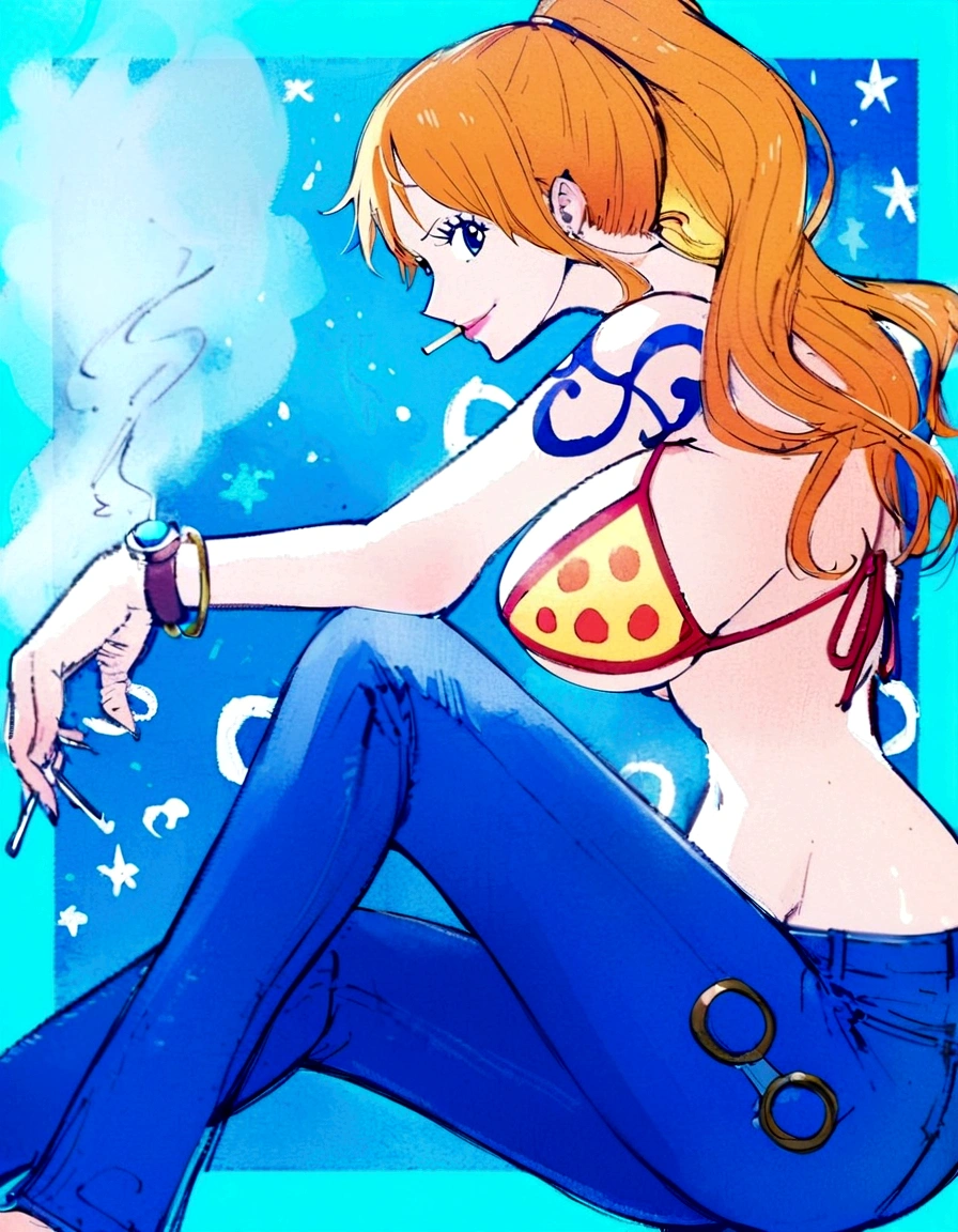 a cartoon picture of a woman in a bikini top and jeans, nami one piece, nami from one piece, nami, beautiful portrait of nami, from one piece, oppai, blue eyes, smoking, ponytail
