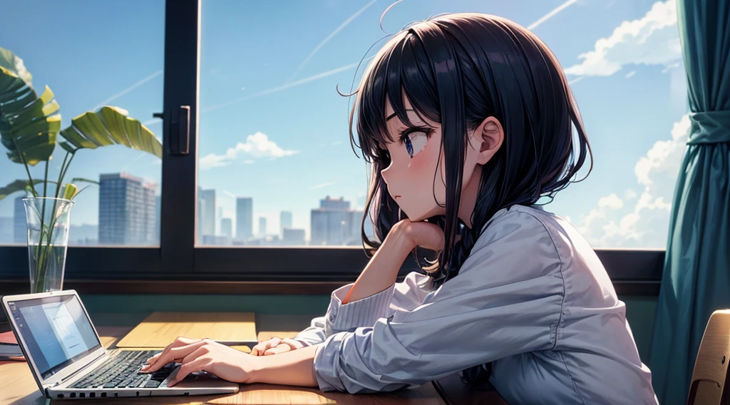 Lofi music anime illustration, Close up of, Girl reading a book in the room, There is a piano next to, Laptop,  Afternoon view, Listen to music while reading, The atmosphere is nice but the room is a bit dark