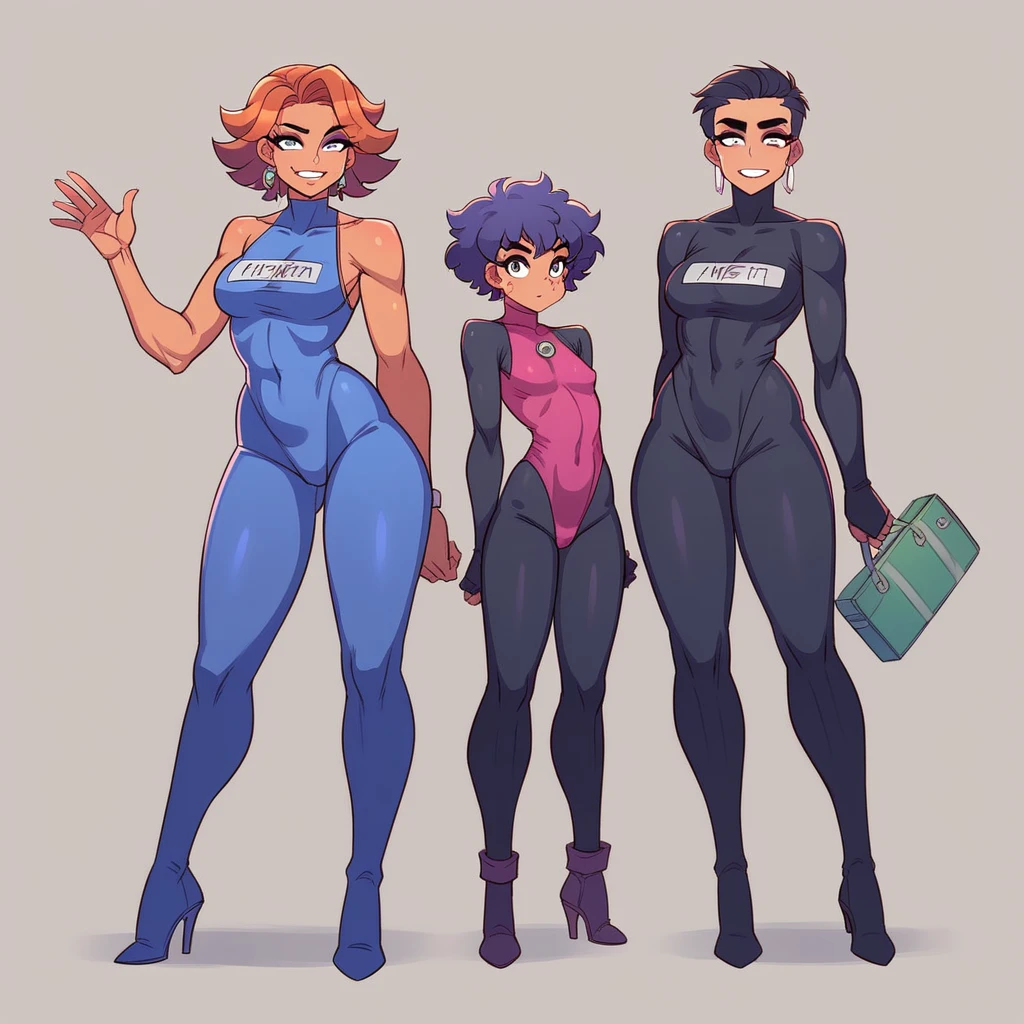 they walk down the street in their swimsuits, a portrait of Judith Gutierrez, dribble, funk art, tight attire, wearing leotard, Skin-tight suits, Cute girl, wearing the tank suit, Lycra Costume, leotard, juwelencostume, diverse costumes, We see them from head to toe, Costume weird, Legs visible, in spandex suit