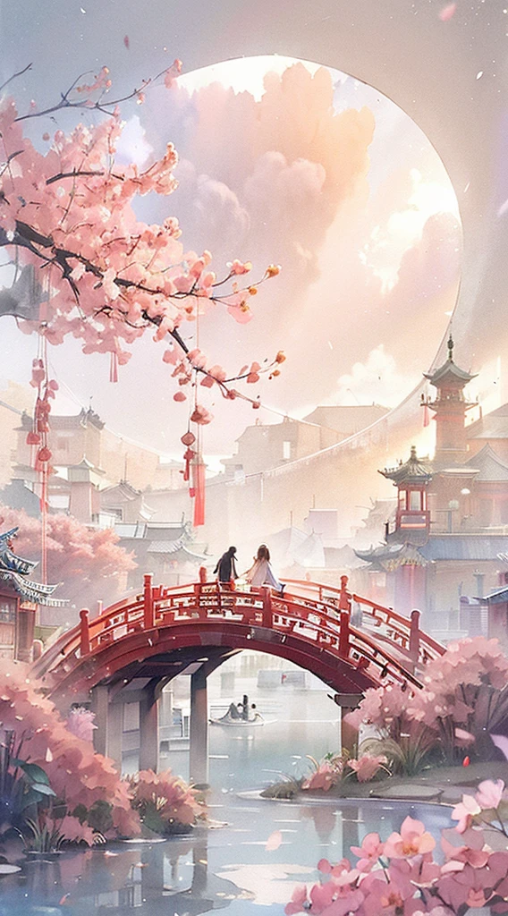 (((A couple)))On the bridge,(background:1.4),(illustration:1.1),(best quality),(masterpiece:1.1),(Extremely detailed CG unity 8k wallpaper:1.1), (rich and colorful:0.9),(Panorama:1.4),(Solitary:1.2), (Ink splash),(Splash of Color),((watercolor)), Sharp focus,((Classical Chinese architecture )),夜晚background,outdoor