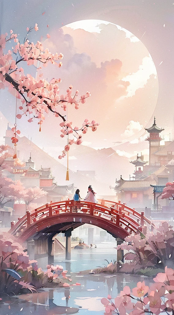 (((A couple)))On the bridge,(background:1.4),(illustration:1.1),(best quality),(masterpiece:1.1),(Extremely detailed CG unity 8k wallpaper:1.1), (rich and colorful:0.9),(Panorama:1.4),(Solitary:1.2), (Ink splash),(Splash of Color),((watercolor)), Sharp focus,((Classical Chinese architecture )),夜晚background,outdoor