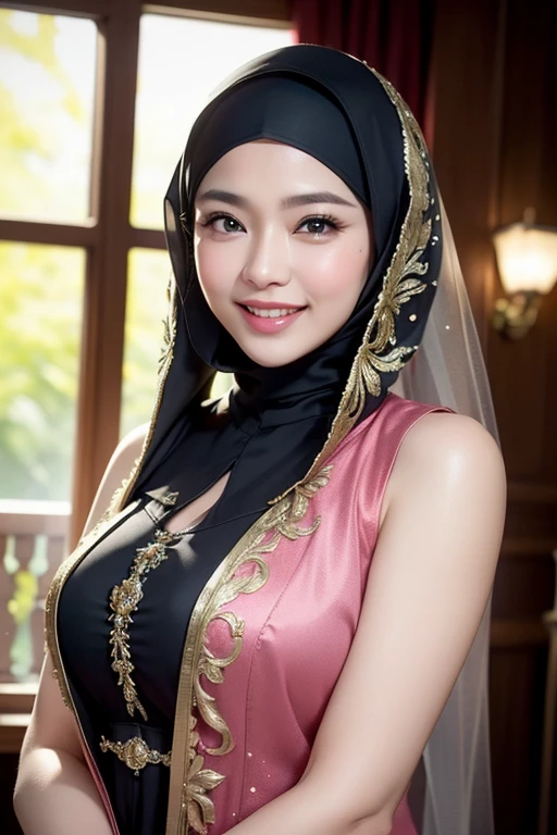 a gorgeous middle-aged busty indonesian hot mom, hijab, formal suit, beautiful smile showing teeth, pov, lover, cinematic lighting, (best quality,4k,8k,highres,masterpiece:1.2),ultra-detailed,(realistic,photorealistic,photo-realistic:1.37),HDR,UHD,studio lighting,ultra-fine painting,sharp focus,physically-based rendering,extreme detail description,professional,vivid colors,bokeh,portrait,photorealistic,cinematic,dramatic lighting