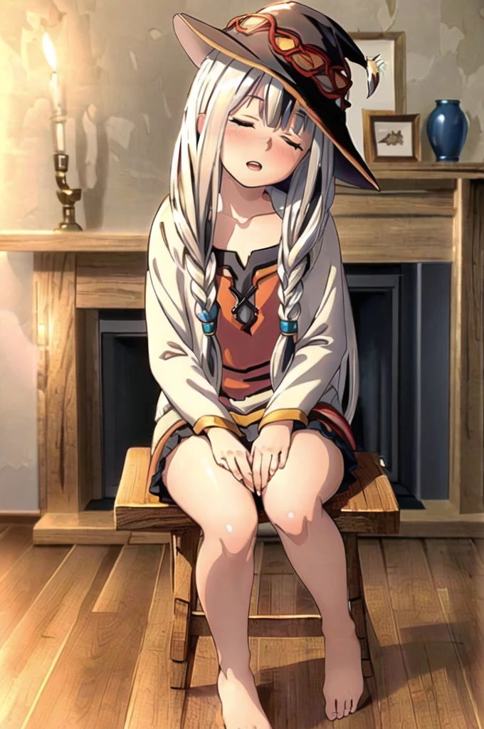 ((masterpiece)), (best quality), (ultra-detailed), photorealistic, (best illustration), ((an extremely delicate and beautiful)), 1girl, solo, long hair, tiger ears, white hair, two-tone hair, facing viewer, sweater, ribbed sweater, barefoot, one leg standing, split, holding one leg, closed eyes, short sleeves, indoors, low twin braids, twin braids, hair ornament, blush, head tilt, fireplace, fire, upper teeth, flat chest, young, aged down, happy, collarbone, necklace, megumin hat, witch hat, megumin, konosuba,