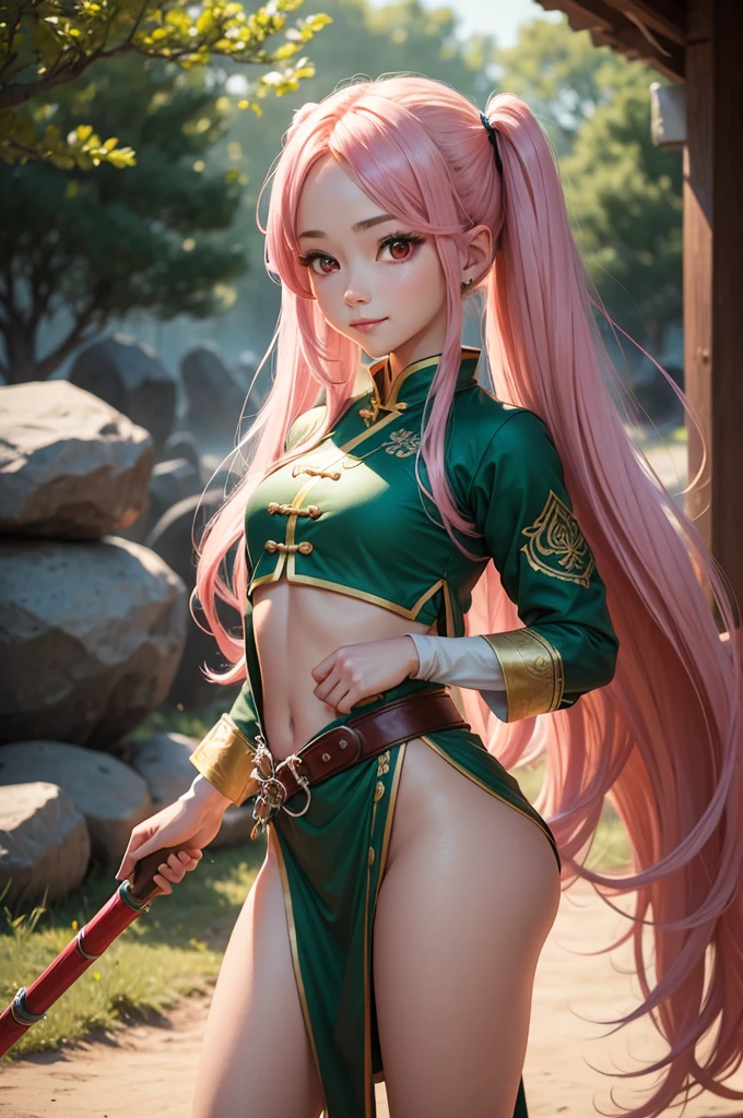 Perfect human body modeling, 1girl, small breasts, beautiful girl, cute girl and idol face, young face, smile, Beautiful long pink hair, twintails, Beautiful shining red eyes, white skin, Short body, Western-style fantasy, RPG, martial artist, dark green Chinese Combat Uniform,