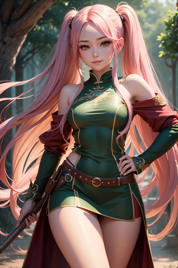 Perfect human body modeling, 1girl, small breasts, beautiful girl, cute girl and idol face, young face, smile, Beautiful long pink hair, twintails, Beautiful shining red eyes, white skin, Short body, Western-style fantasy, RPG, martial artist, dark green Chinese Combat Uniform,