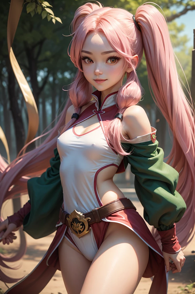 Perfect human body modeling, 1girl, small breasts, beautiful girl, cute girl and idol face, young face, smile, Beautiful long pink hair, twintails, Beautiful shining red eyes, white skin, Short body, Western-style fantasy, RPG, martial artist, dark green Chinese Combat Uniform,