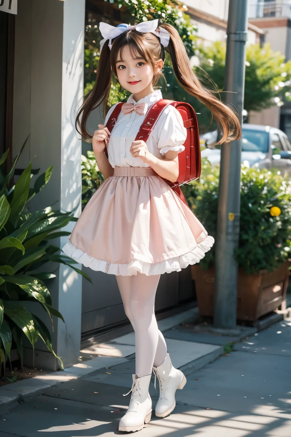 Masterpiece, hd, 1girl, realistic, high, tall height body, 16 y o, brown hr, twintails, medium hair, hair ribbon, smile, wearing brown backpack, (backpack:1.2), pink dress, cute dress, bowtie, short sleeves, puffy sleeve, lolita dress,polkadot, outdoor, standing, fullbody, (fullbody:1.2), wear white pantyhose, white stockings, white heeled boots, (boots:1.2)