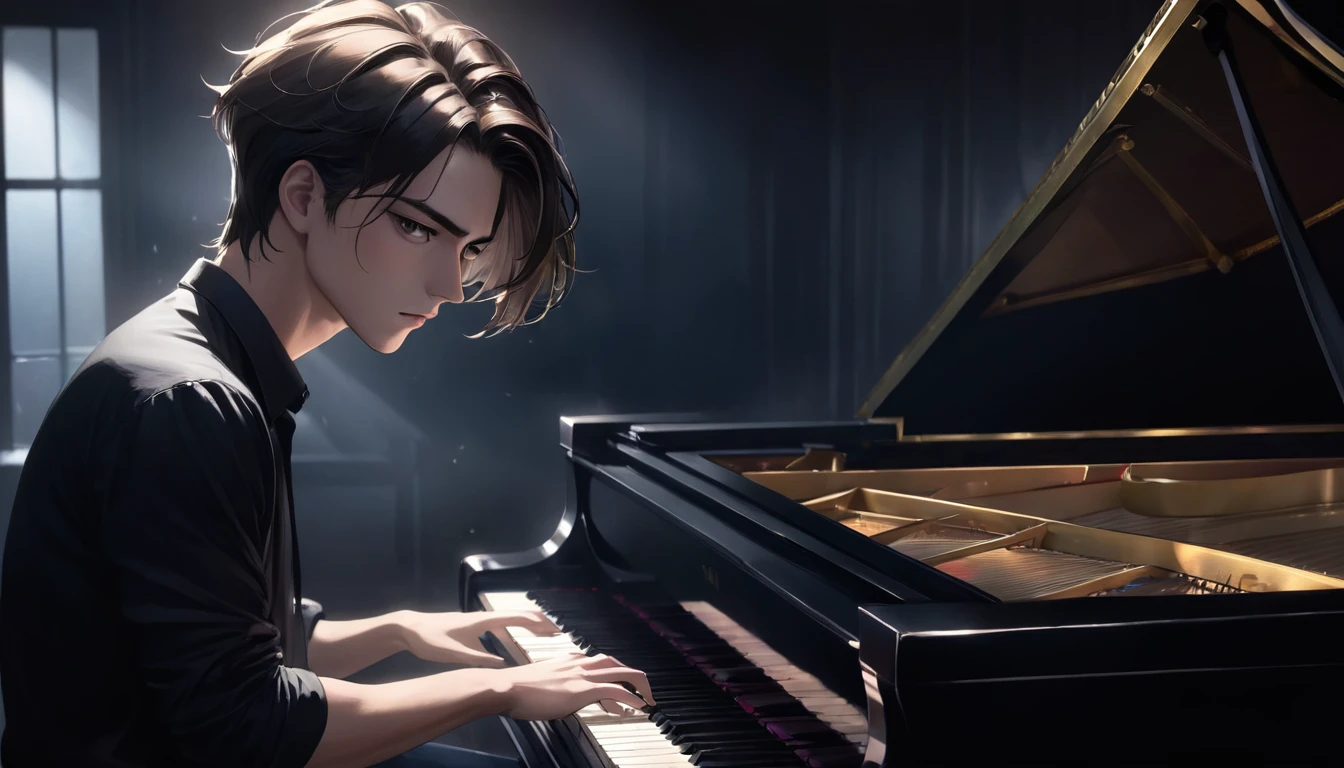 Capture a handsome young man playing a grand piano in a dark, moody setting. He is dressed stylishly, perhaps in a black shirt and jeans, with his hair neatly styled. The lighting is minimal, focusing soft, dramatic beams on the piano and the musician, creating stark contrasts and deep shadows. The rest of the room is enveloped in darkness, adding to the mysterious and intense atmosphere. The expression on his face should reflect deep concentration and emotion, drawing the viewer into the haunting beauty of the scene."