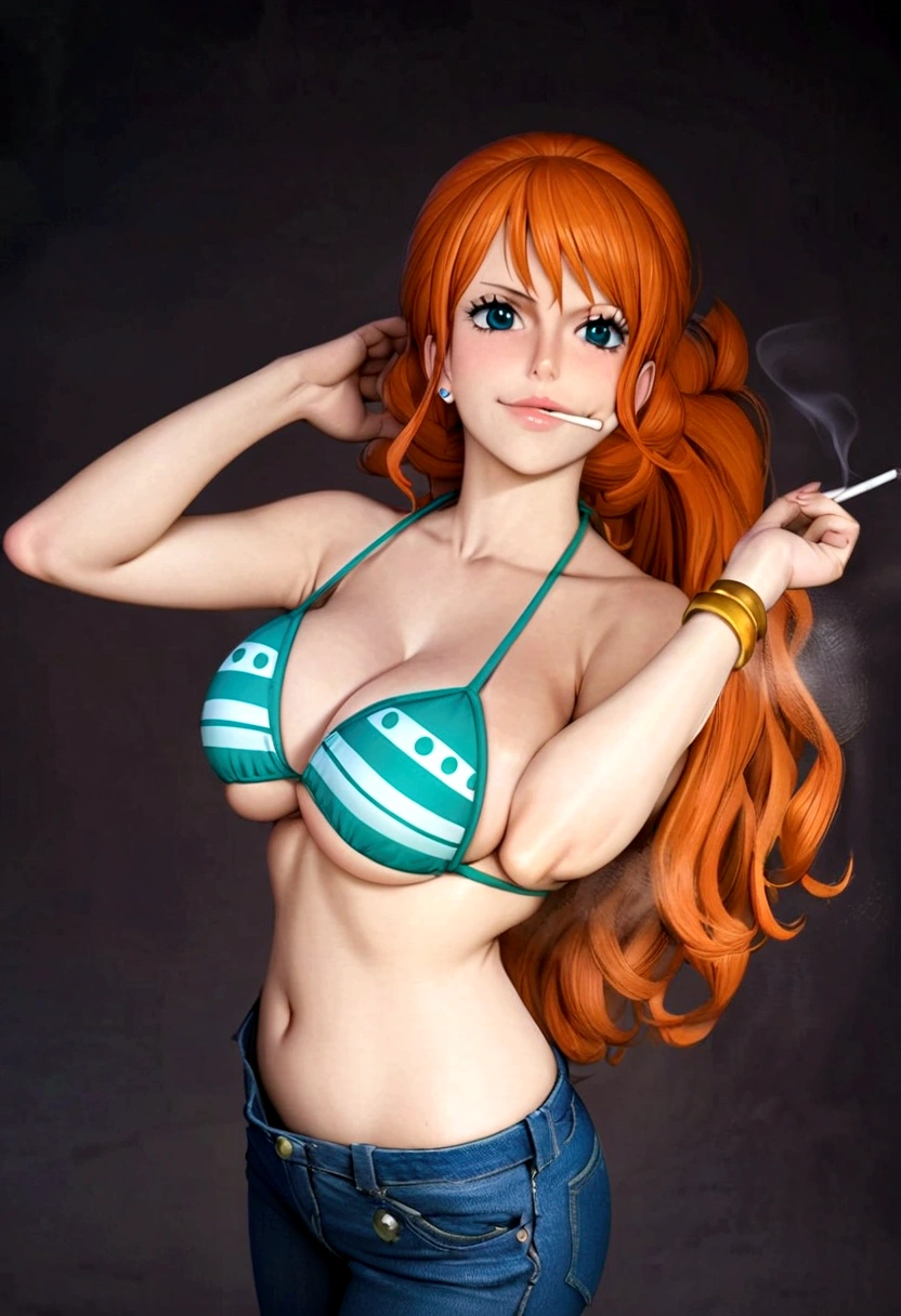 a cartoon picture of a woman in a bikini top and jeans, nami one piece, nami from one piece, nami, beautiful portrait of nami, from one piece, oppai, blue eyes, smoking, ponytail