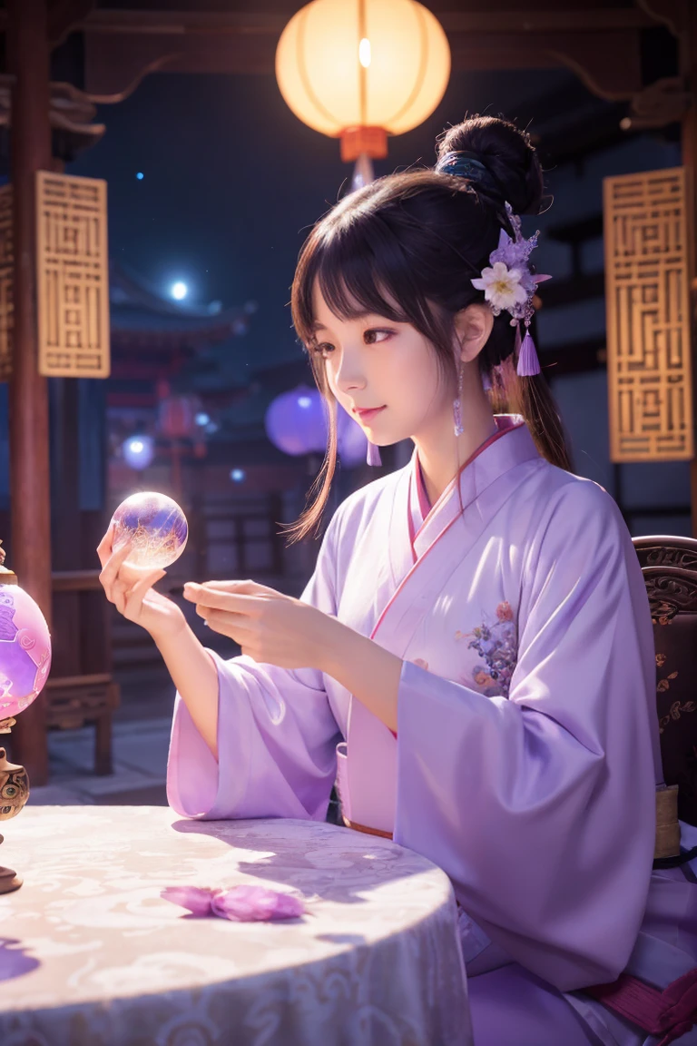 A woman sitting facing forward at a table with a crystal ball, Chinese Fantasy, Japanese Goddess, palace , Girl in Hanfu, Light purple kimono, Fantasy art style, Beautiful Celestial Magician, Anime Style 4k, Japanese Fantasy,Facing forward