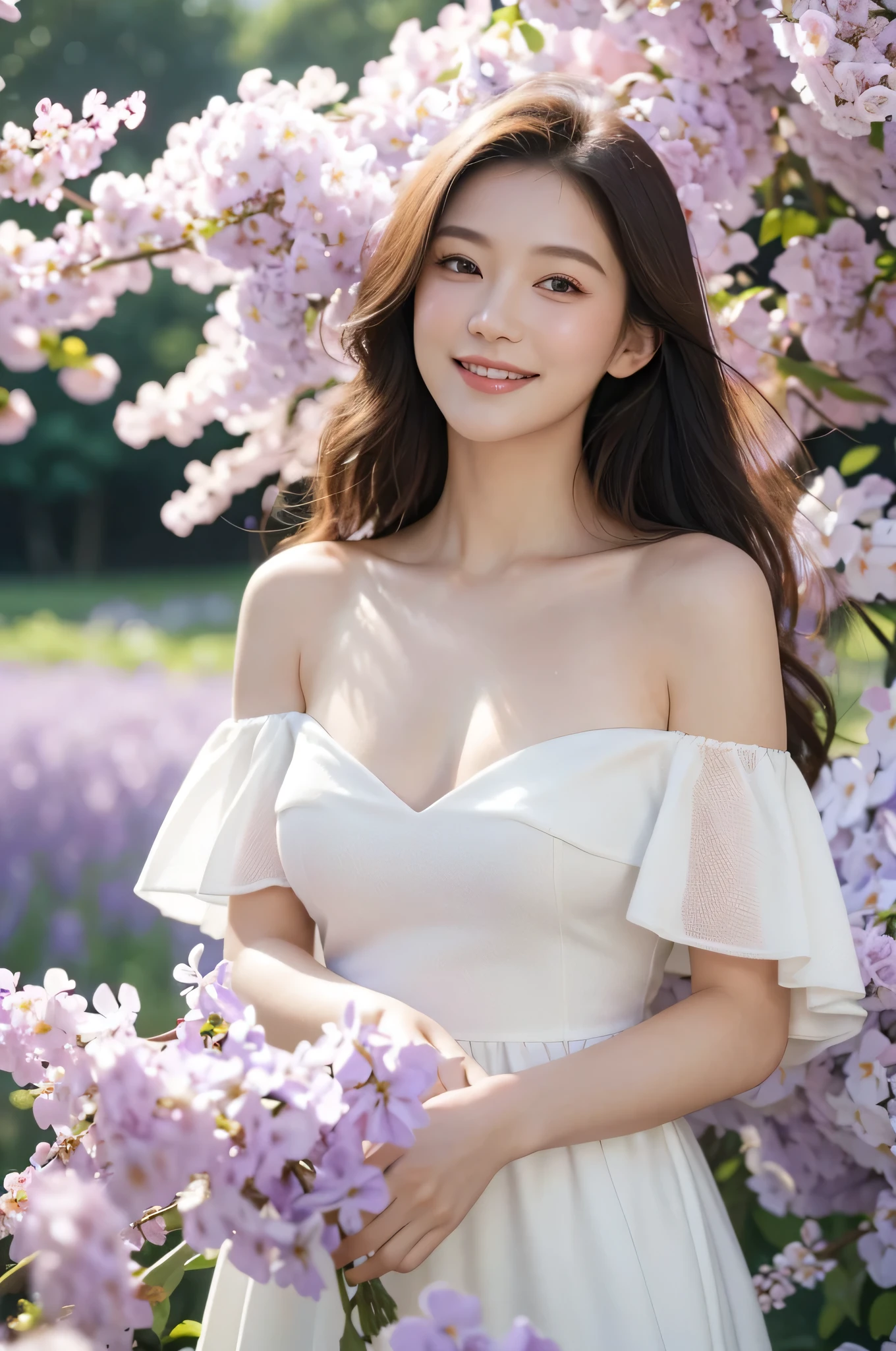 best quality, masterpiece, Ultra-high resolution, (Reality:1.4), original photo, 1 girl, White Dress, Off-shoulder, Field of blooming violet flowers, Radiant Skin, A faint smile,Huge Breasts,Charming Smile
