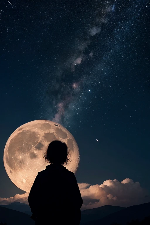 Highest quality,Big moon and shadow,A silhouette of a person can be seen against the backdrop of a large moon.,There is one full moon,There is a mood,Beautiful scenery,Starry Sky