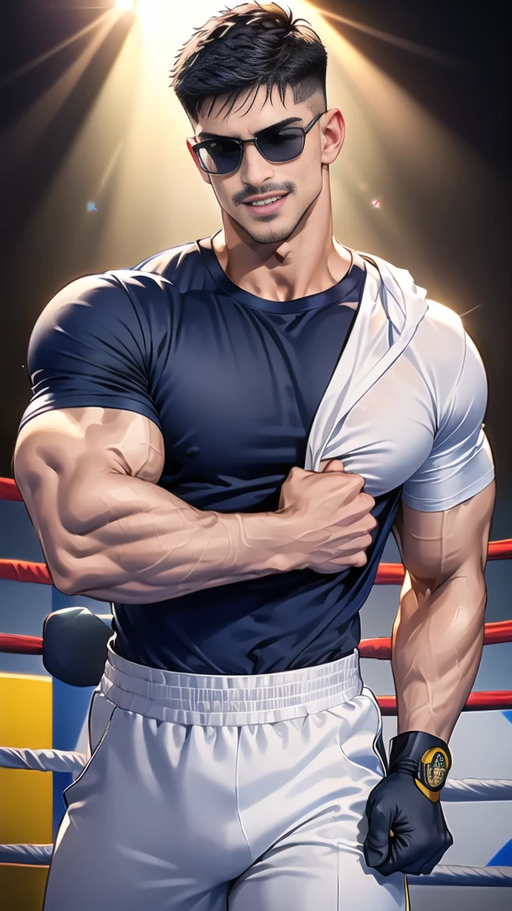 (handsome Man),(Thin mustache:1.1),(crew cut short hair:1.5),black eye,
(navy blue tight-fitting round neck short sleeve T-shirt:1.3),(Police badge:1.3),navy blue cargo pants,(navy_gloves:1,3),(navy_backpack:1.3),(sunglasses:1.3),
Korean guy,chest muscles,large arm muscles,blood vessel,Big muscles,Broad shoulders,(open mouth:1.2),(face up:1.2),(open eyes:1.5),middle of the road,smile,(boxing ring:1.4),