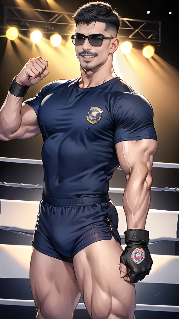 (handsome Man),(Thin mustache:1.1),(crew cut short hair:1.5),black eye,
(navy blue tight-fitting round neck short sleeve T-shirt:1.3),(Police badge:1.3),navy blue cargo pants,(navy_gloves:1,3),(navy_backpack:1.3),(sunglasses:1.3),
Korean guy,chest muscles,large arm muscles,blood vessel,Big muscles,Broad shoulders,(open mouth:1.2),(face up:1.2),(open eyes:1.5),middle of the road,smile,(boxing ring:1.4),