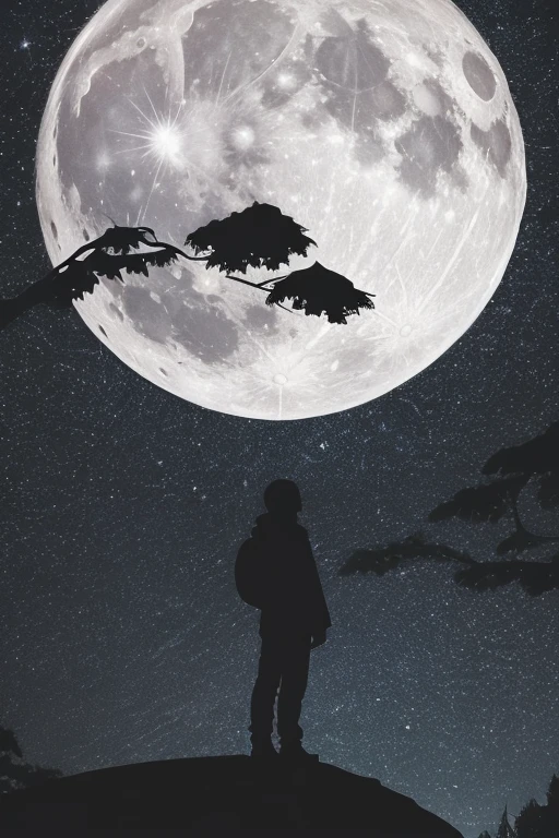 Highest quality,Big moon and shadow,A silhouette of a person can be seen against the backdrop of a large moon.,There is one full moon,There is a mood,Beautiful scenery,Starry Sky