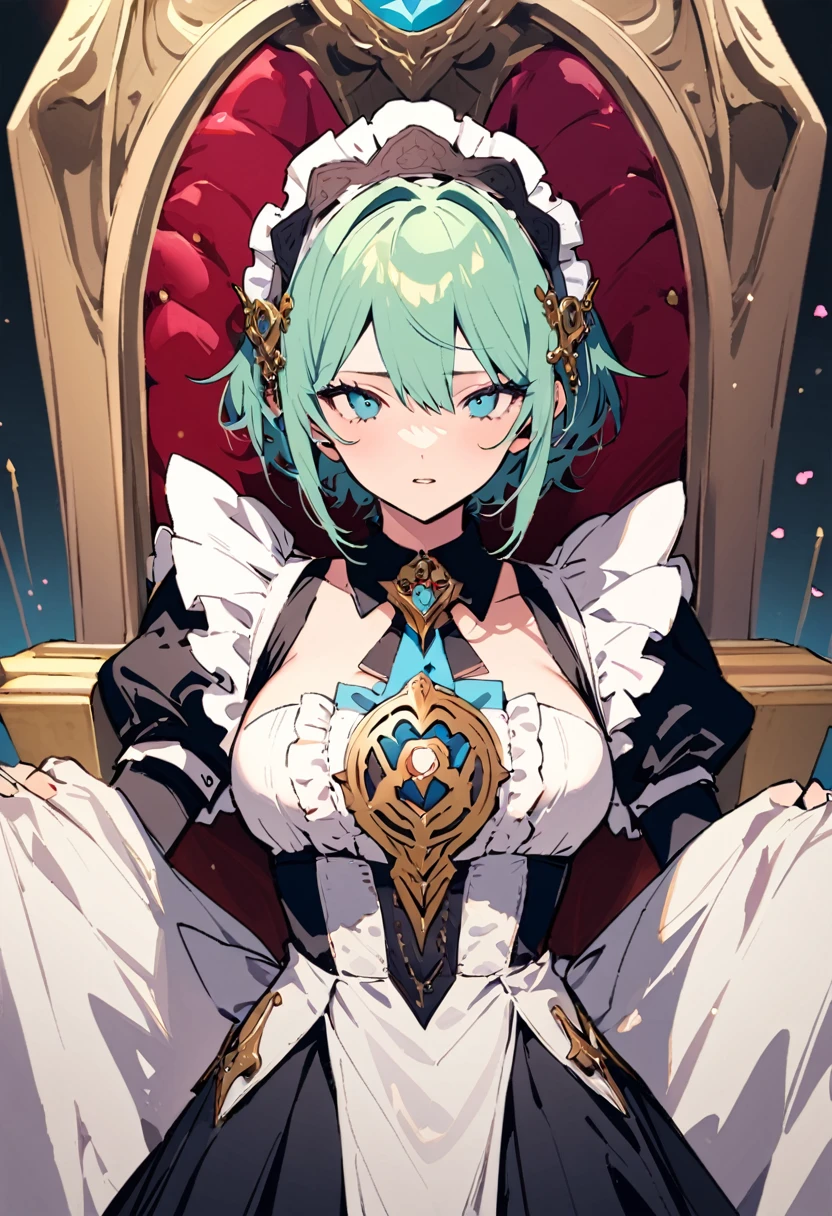 masterpiece, Highest quality, Illustration of the novel, High resolution, 18+ Adult content, Sensual, Intimate, Emotional, Passionate, romantic, sweet, Adorable, Innocent, Pure, Charmな, Charmな, Charm, mysterious, Charmな, Charmな, Immersive, Charmな, dream-like, Surreal, Imaginative, Whimsical, Artistic, Avant-garde, timeless, elegant, Sophisticated, chic, Sophisticated, personality, original, Charmな,((Maid clothes:1.3)),((Throne of Power,Throne of Power:1.3))((Upper Body:1.3))