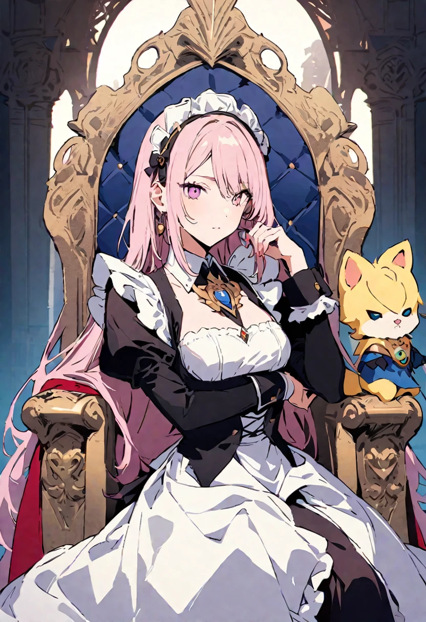 masterpiece, Highest quality, Illustration of the novel, High resolution, 18+ Adult content, Sensual, Intimate, Emotional, Passionate, romantic, sweet, Adorable, Innocent, Pure, Charmな, Charmな, Charm, mysterious, Charmな, Charmな, Immersive, Charmな, dream-like, Surreal, Imaginative, Whimsical, Artistic, Avant-garde, timeless, elegant, Sophisticated, chic, Sophisticated, personality, original, Charmな,((Maid clothes:1.3)),((Throne of Power,Throne of Power:1.3))((Upper Body:1.3))