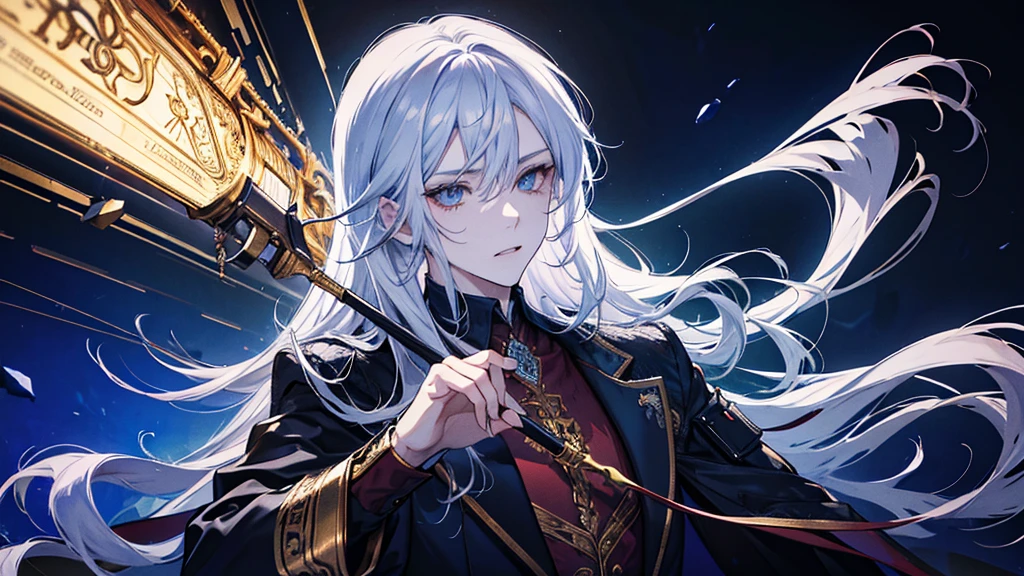 absurdres, highres, ultra detailed, HDR, master piece, best quality, handsime man, powerful, Vampire, long silver hair, golden eyes, Final Fantasy clothing.